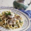 Beef stroganoff over buttered noodles Recipe