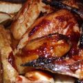 Chicken wings in BBQ sauce with roasted potato.[...]