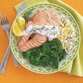 Poached Salmon Steaks with Yogurt-Dill Sauce